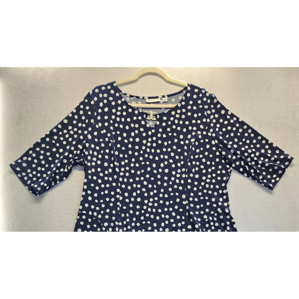 Susan‎ Graver Navy Blue Polka Dot Fit and Flare Dress XL Liquid Knit 3/4 Sleeve